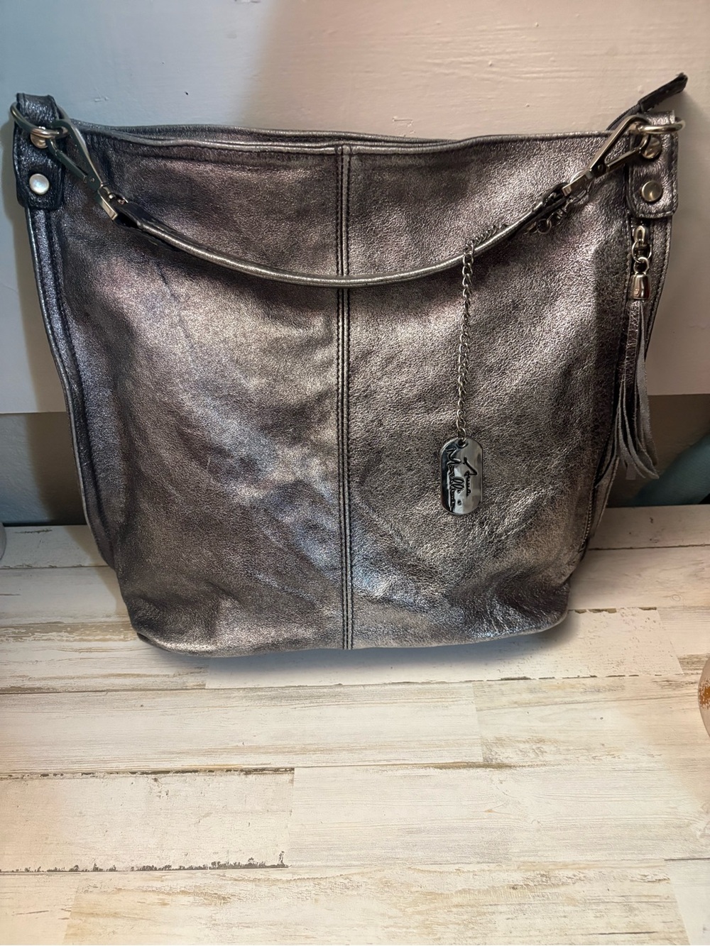 Anna Morelini Metallic Silver Genuine Leather Tote/ Sholder Bag Made in Italy